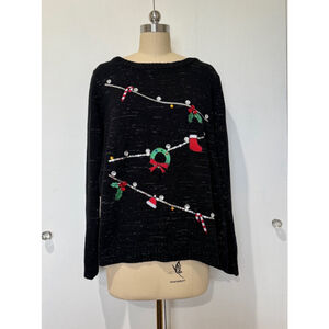 Karen Scott 1X black silver sequin embroidered (ugly) Christmas sweater GUC